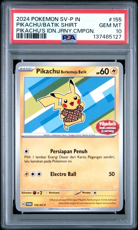 2024 POKEMON INDONESIAN SV-P PROMO #155 PIKACHU IN BATIK SHIRT PSA 10