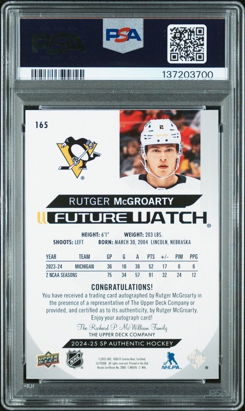 2024-25 SP Authentic Future Watch Auto Rutger McGroaty PSA 8 #165 RC AU /999 view 2