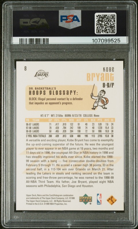 1999 UPPER DECK RETRO #8 KOBE BRYANT PSA 10 view 2