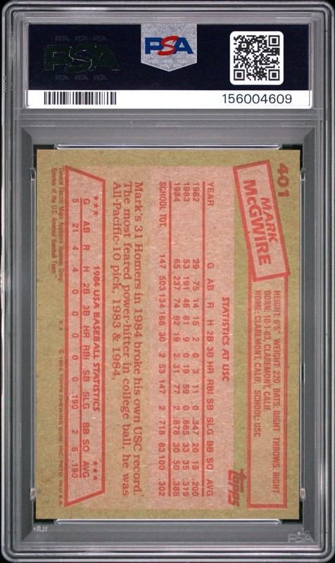 π 1985 TOPPS 1984 USA BASEBALL TEAM #401 MARK MCGWIRE ROOKIE RC π PSA 9 π LOW view 2