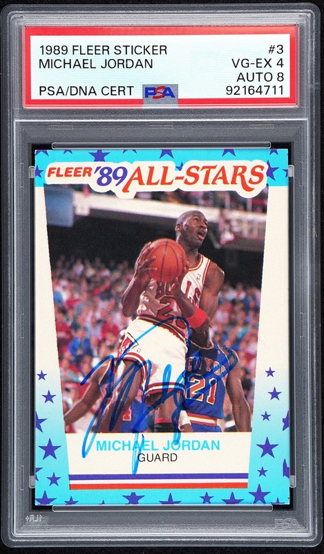 1989 FLEER STICKER #3 MICHAEL JORDAN PSA 4 AUTO 8