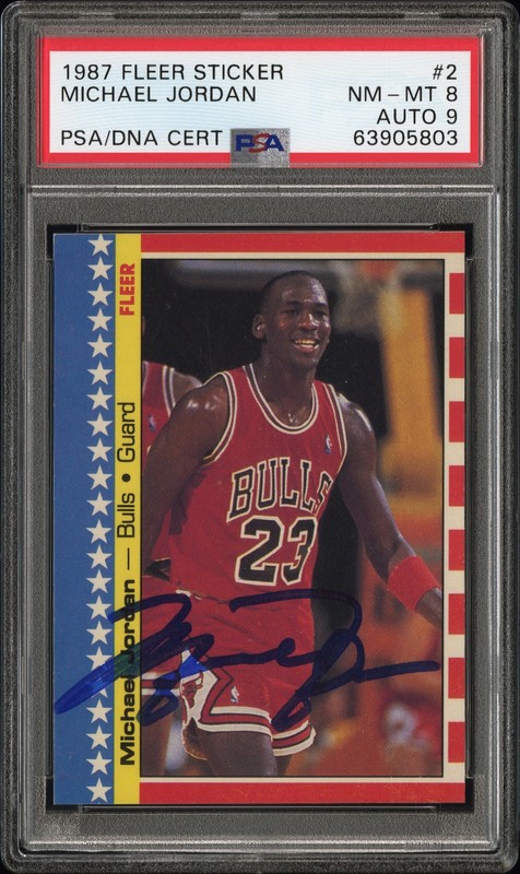 1987 FLEER STICKER #2 MICHAEL JORDAN PSA 8 AUTO 9
