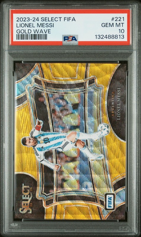 2023-24 PANINI SELECT FIFA GOLD WAVE #221 LIONEL MESSI 7/10 PSA 10