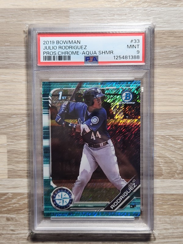 2019 Bowman JULIO RODRIGUEZ 1ST BOWMAN PRSPCT CHROME AQUA SHIMMER /125 PSA 9 #33
