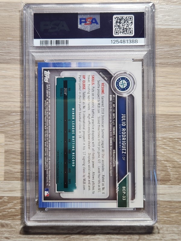 2019 Bowman JULIO RODRIGUEZ 1ST BOWMAN PRSPCT CHROME AQUA SHIMMER /125 PSA 9 #33 view 2