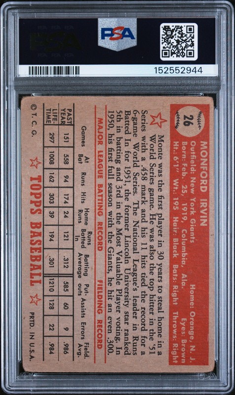 1952 TOPPS #26 MONTY IRVIN PSA 2 view 2