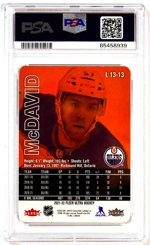 2021 Fleer Ultra Lucky 13 Gold Medallion Connor McDavid /100 PSA 9 Mint view 2