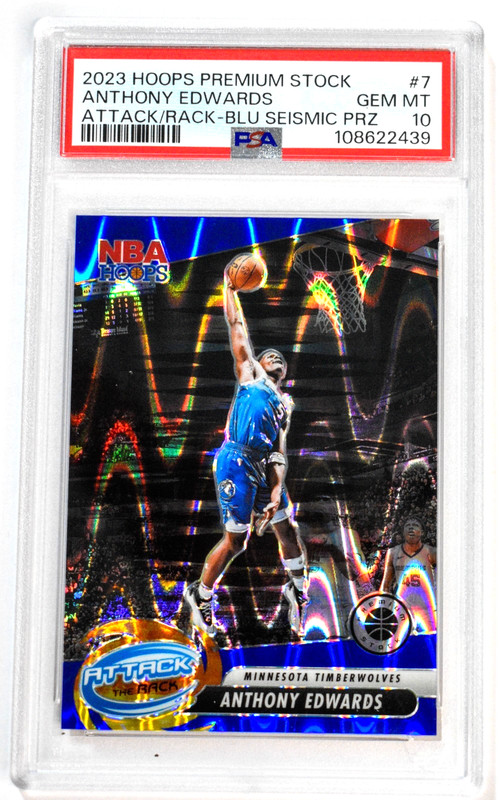 2023 Hoops Premium #7 Anthony Edwards Attack the Rack Blue Seismic /99 PSA 10