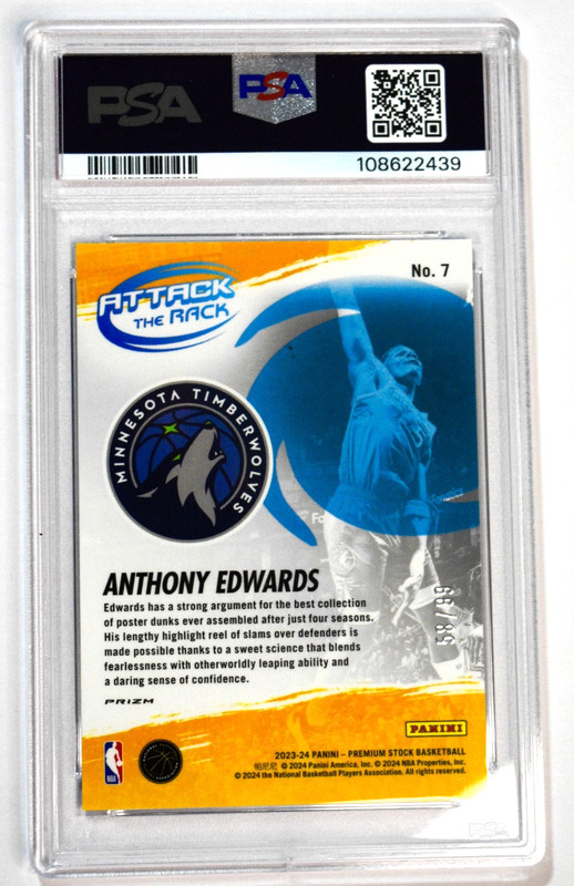2023 Hoops Premium #7 Anthony Edwards Attack the Rack Blue Seismic /99 PSA 10 view 2