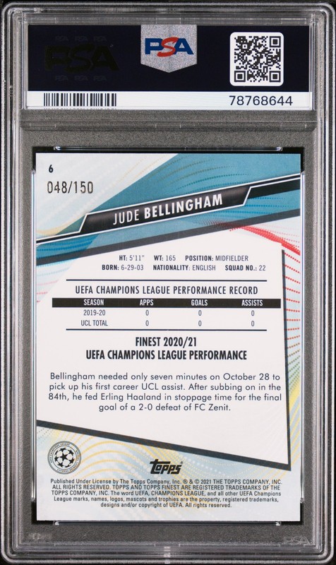 2020 TOPPS FINEST CHAMPIONS LEAGUE #6 JUDE BELLINGHAM ROOKIE RC 48/150 PSA 10 view 2