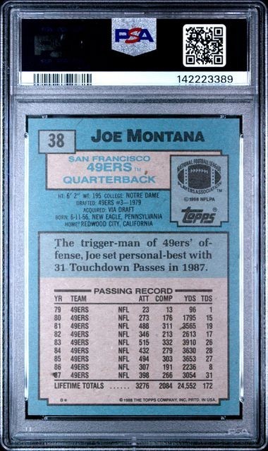1988 Topps #38 Joe Montana Card PSA 10 HOF San Francisco 49ers Notre Dame GOAT view 2
