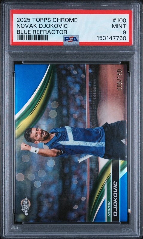 2025 TOPPS CHROME TENNIS BLUE REFRACTOR #100 NOVAK DJOKOVIC 6/150 PSA 9