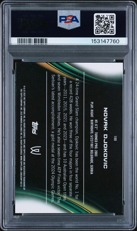 2025 TOPPS CHROME TENNIS BLUE REFRACTOR #100 NOVAK DJOKOVIC 6/150 PSA 9 view 2