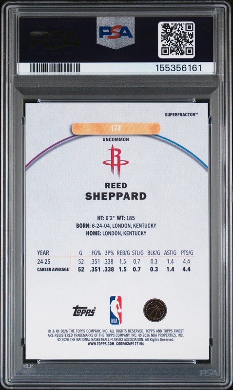 2025 TOPPS FINEST SUPERFRACTOR 1/1 #174 REED SHEPPARD 1/1 PSA 9 view 2