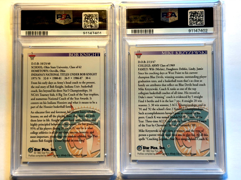 2X 🔥Vintage PSA GRADED LOT 1992-93 Star Pics Mike Krzyzewski #15 Bob Knight #5 view 2