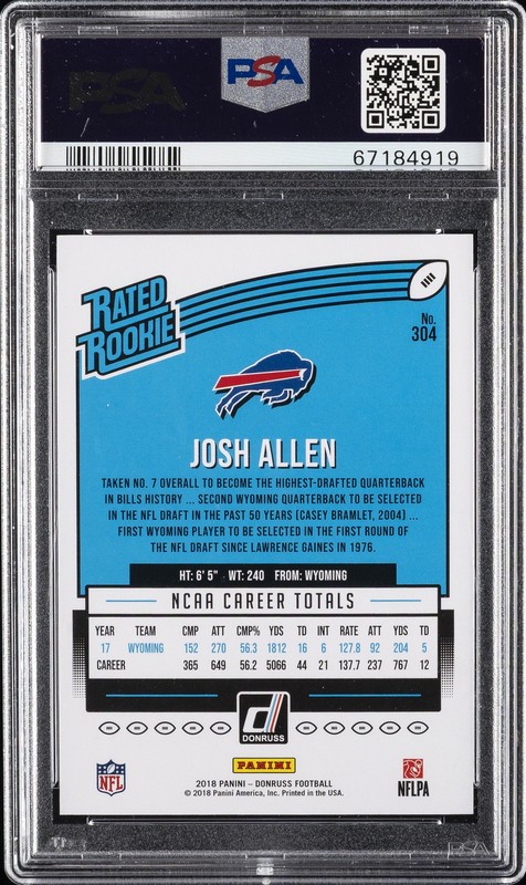 2018 PANINI DONRUSS SEASON STAT LINE #304 JOSH ALLEN ROOKIE RC 38/99 PSA 9 view 2