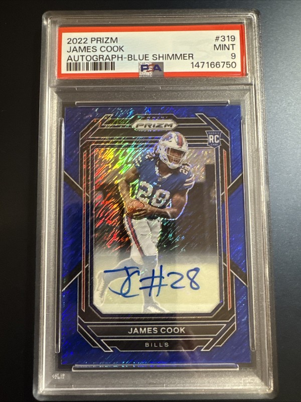 2022 Panini Prizm Football James Cook Blue Shimmer /25 Auto RC PSA 9