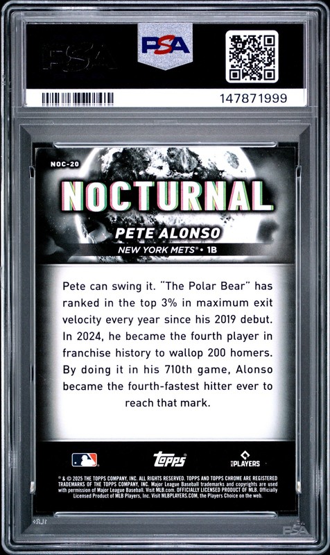 2025 TOPPS CHROME BLACK NOCTURNAL #NOC20 PETE ALONSO PSA 8 view 2