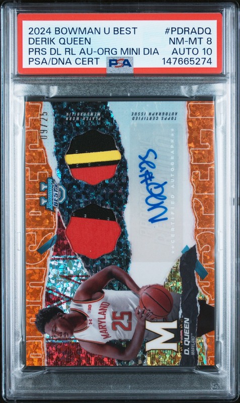 2024 BOWMAN U BEST PROSPECT ORANGE DIA DUAL RELIC DERIK QUEEN /25 PSA 8 AUTO 10