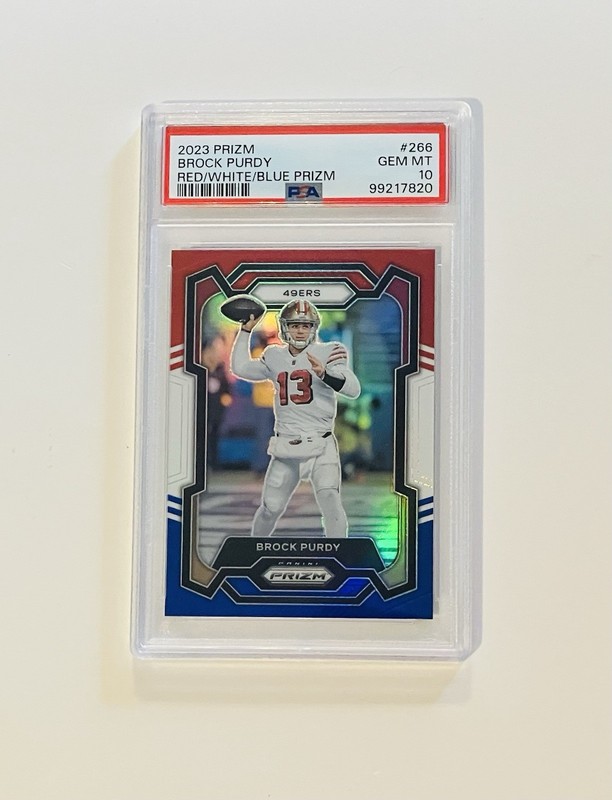 2023 Panini Prizm Brock Purdy #266 Red White Blue Prizm PSA Gem Mint 10