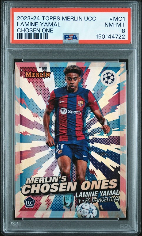 TOPPS MERLIN UEFA CLUB COMPETITIONS MERLIN'S CHOSEN ONES #MC1 LAMINE YAMAL PSA 8