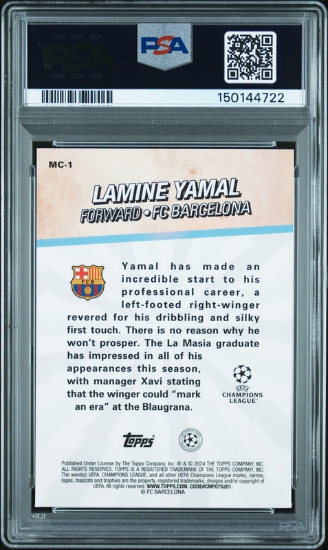TOPPS MERLIN UEFA CLUB COMPETITIONS MERLIN'S CHOSEN ONES #MC1 LAMINE YAMAL PSA 8 view 2