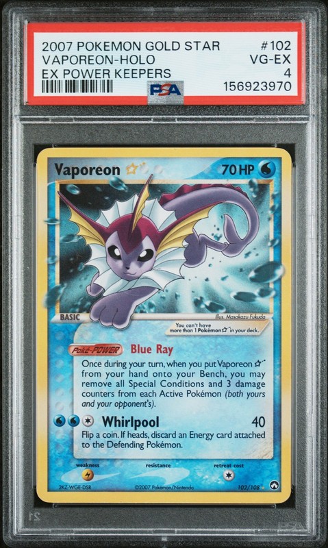 2007 POKEMON EX POWER KEEPERS GOLD STAR #102 VAPOREON-HOLO PSA 4