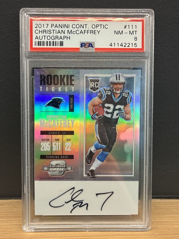 2017 CHRISTIAN McCAFFREY PANINI Contenders OPTIC ROOKIE AUTO RC #111 • PSA 8