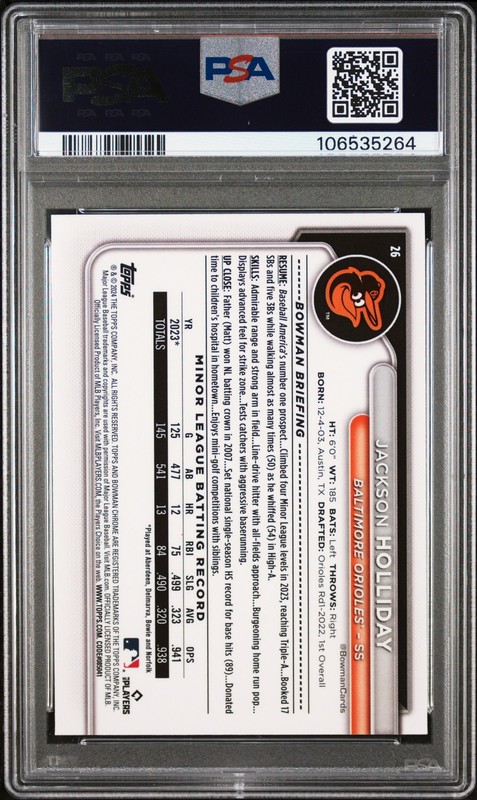 2024 BOWMAN CHROME YELLOW REFRACTOR #26 JACKSON HOLLIDAY 57/75 PSA 10 view 2