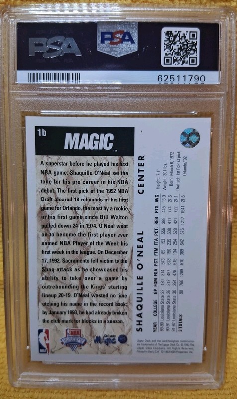 1992 UD TRADE CARD #1B SHAQUILLE O'NEAL ROOKIE RC PSA 9 view 2