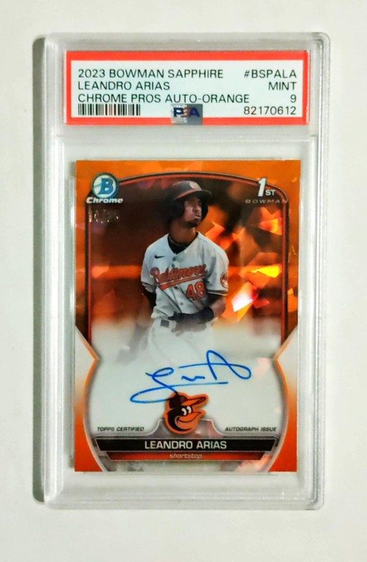 Leandro Arias PSA 9 2023 1st Bowman Chrome AUTO Sapphire ORANGE REFRACTOR /25 z1