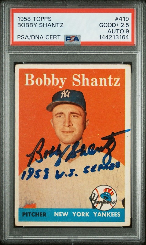 1958 Topps #419 Bobby Shantz Autograph PSA 2.5 Auto 9 Inscription - Low Pop