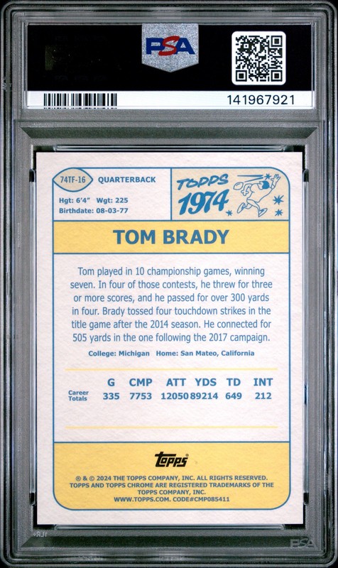 2024 TOPPS CHROME 1974 TOPPS FOOTBALL GOLD REFRACTOR TOM BRADY 36/50 PSA 10 view 2