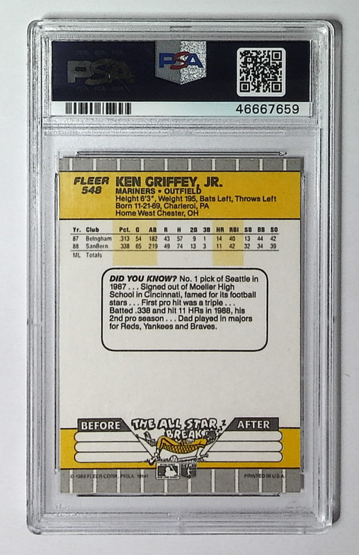 1989 Fleer Ken Griffey Jr #548 RC Rookie PSA 10 HOF Mariners view 2