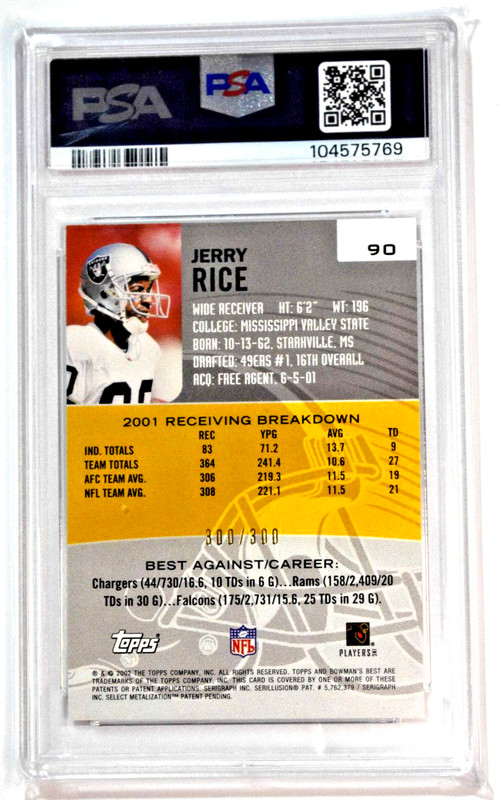2002 Bowman's Best #90 Jerry Rice Blue /300 PSA 9 Mint HOF Raiders view 2