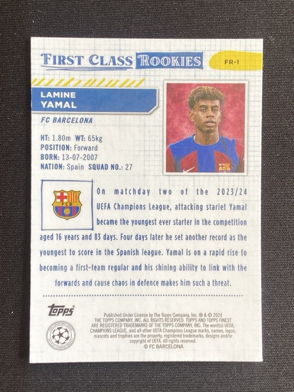 Lamine Yamal 2023-24 Topps Finest UCL First Class Rookies RC #FR-1 -E view 2