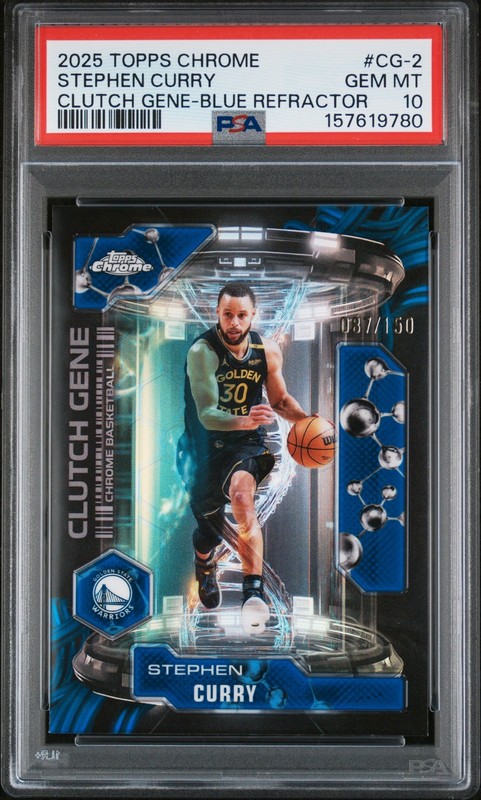 2025 TOPPS CHROME CLUTCH GENE BLUE REFRACTOR #CG-2 STEPHEN CURRY 87/150 PSA 10