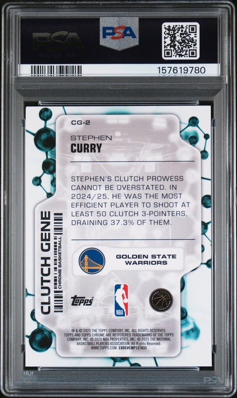 2025 TOPPS CHROME CLUTCH GENE BLUE REFRACTOR #CG-2 STEPHEN CURRY 87/150 PSA 10 view 2