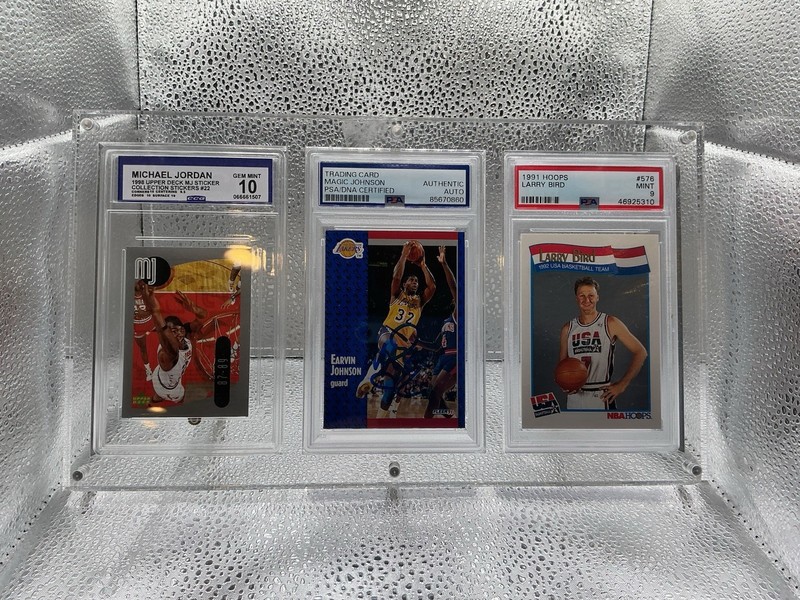 michael jordan / Magic Johnson Auto / Larry Bird 3 Card PSA In Acrylic Slab