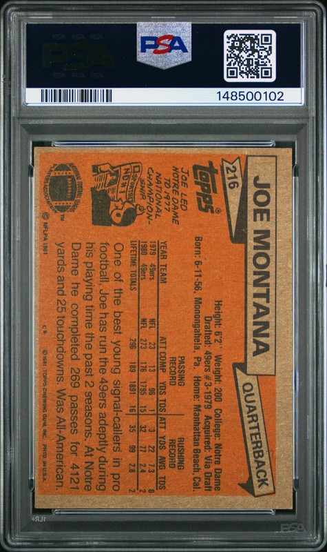 1981 TOPPS #216 JOE MONTANA PSA 5 view 2