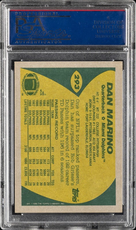 1989 TOPPS #293 DAN MARINO PSA 10 view 2