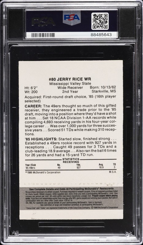 1986 MCDONALD'S 49ERS BLACK #80 JERRY RICE PSA 9 view 2