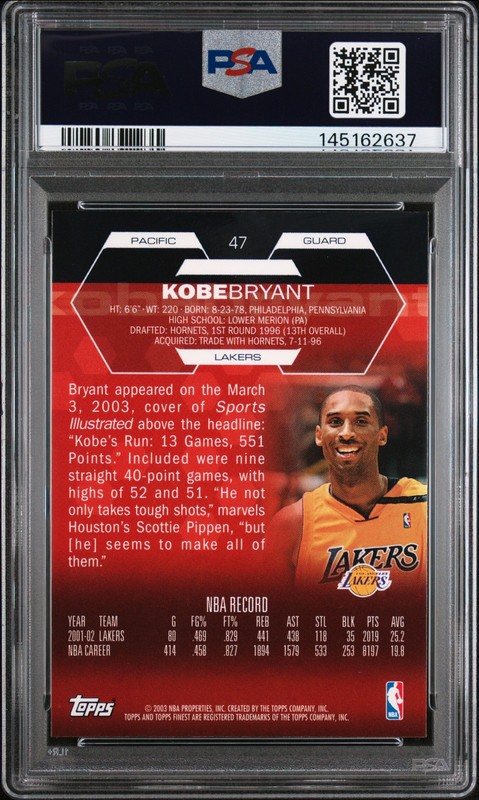 2002 TOPPS FINEST #47 KOBE BRYANT PSA 10 view 2
