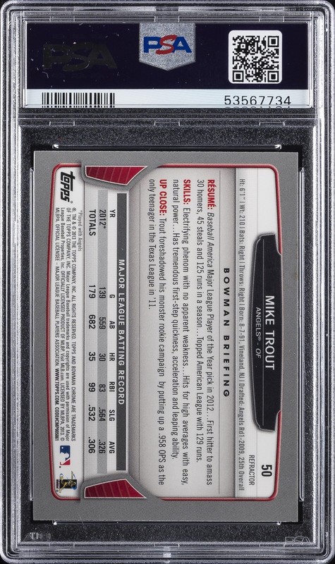 2013 BOWMAN CHROME XFRACTOR #50 MIKE TROUT PSA 8 view 2