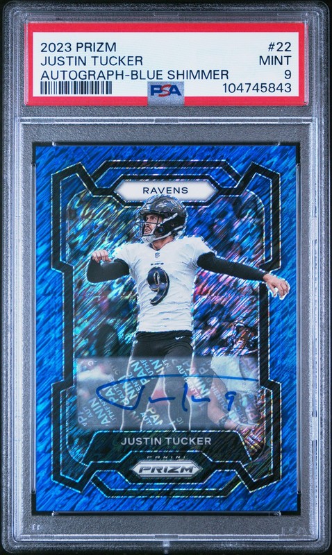 2023 PANINI PRIZM AUTO-BLUE SHIMMER #22 JUSTIN TUCKER 21/25 PSA 9