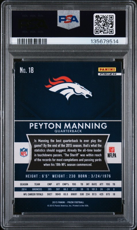 2015 PANINI PRIZM BLUE PRIZM #18 PEYTON MANNING PSA 9 view 2