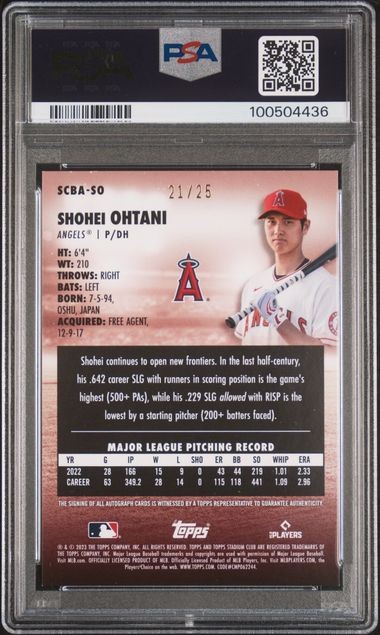 2023 Topps Stadium Club #SCBA-SO Shohei Ohtani Auto Black Foil /25 PSA 8 Auto 10 view 2