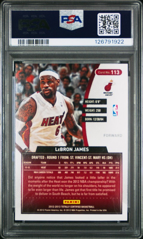 2012 PANINI TOTALLY CERTIFIED TOTALLY BLUE #113 LEBRON JAMES 26/299 PSA 9 view 2