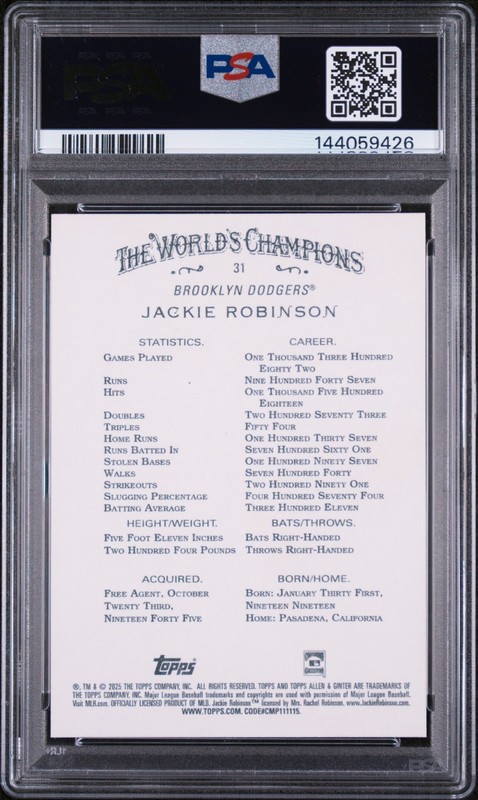 Jackie Robinson PSA 9 Mint 2025 Topps Allen & Ginter #31 Brooklyn Dodgers POP 1 view 2