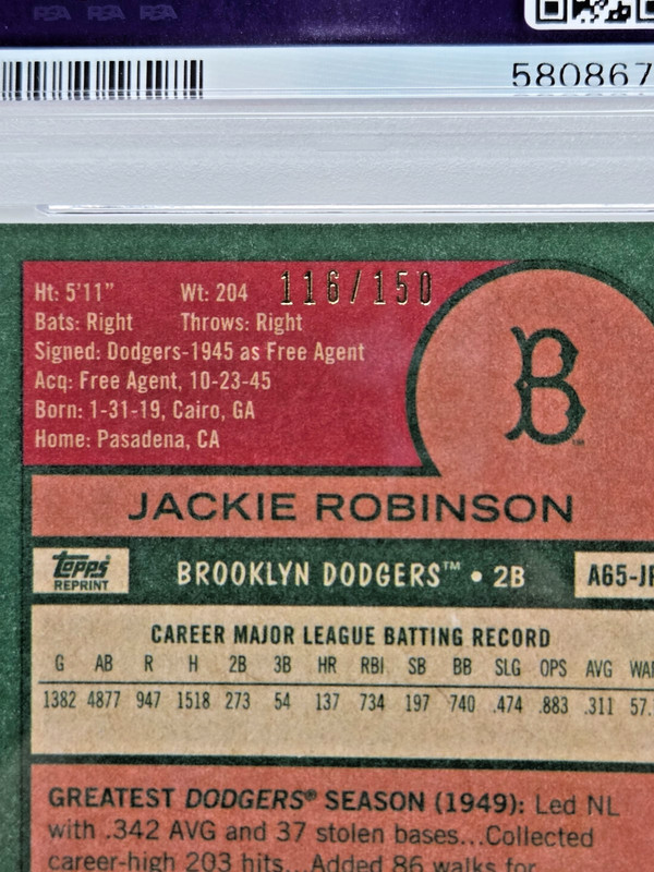 2016 Topps Archive 65th Anniversary JACKIE ROBINSON Card /150 PSA 10 GEM Pop 10 view 2